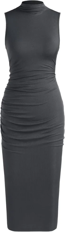 CIDER Work Dresses for Women High Neck Sleeveless Bodycon Ruched Cocktail Party Midi Dresses