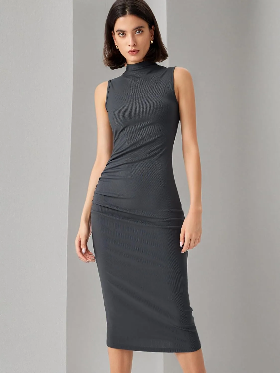 CIDER Work Dresses for Women High Neck Sleeveless Bodycon Ruched Cocktail Party Midi Dresses