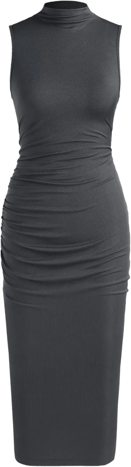 CIDER Work Dresses for Women High Neck Sleeveless Bodycon Ruched Cocktail Party Midi Dresses