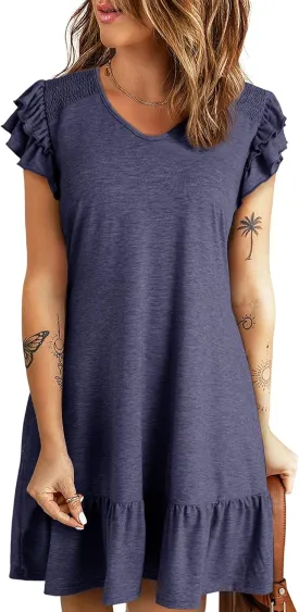 Dokotoo Womens Summer Dresses 2025 Ruffle Short Sleeve Smocked V Neck Casual Loose A-Line Swing Mini Dress Sundress