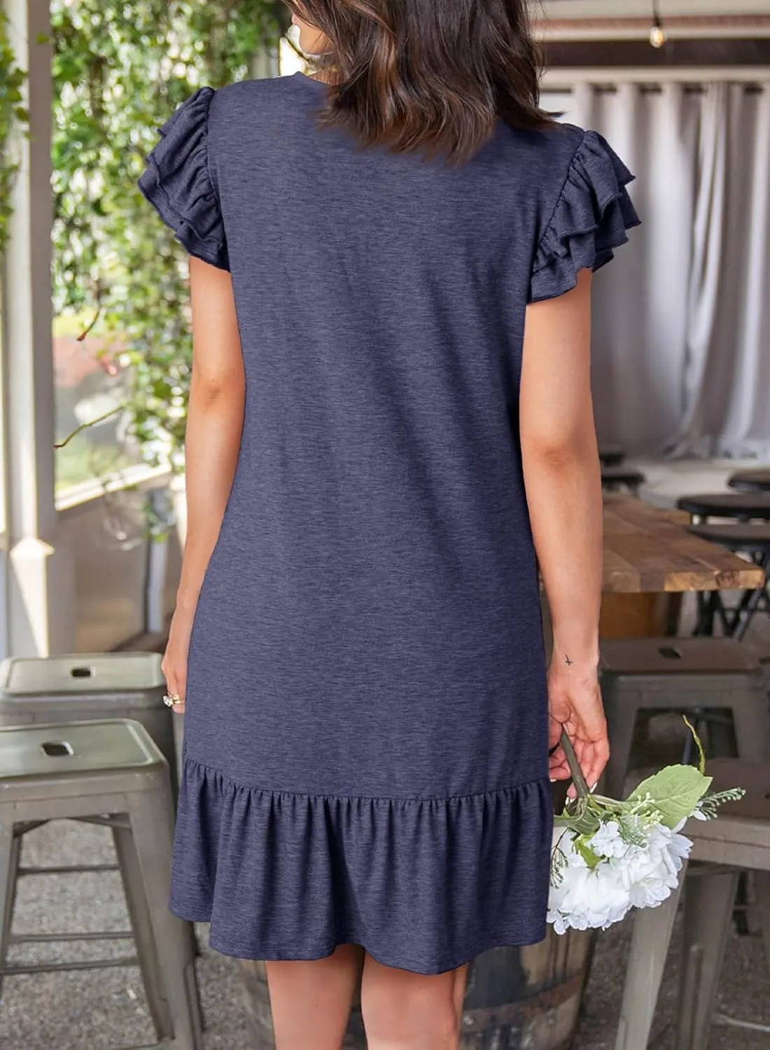 Dokotoo Womens Summer Dresses 2025 Ruffle Short Sleeve Smocked V Neck Casual Loose A-Line Swing Mini Dress Sundress