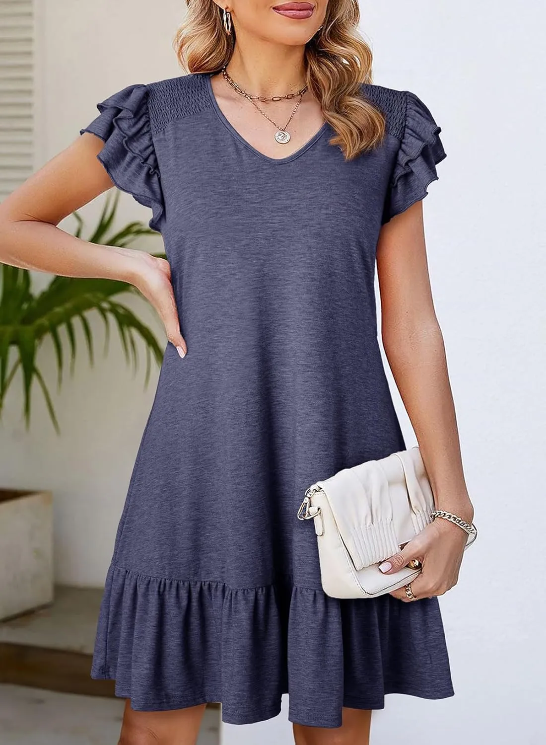 Dokotoo Womens Summer Dresses 2025 Ruffle Short Sleeve Smocked V Neck Casual Loose A-Line Swing Mini Dress Sundress