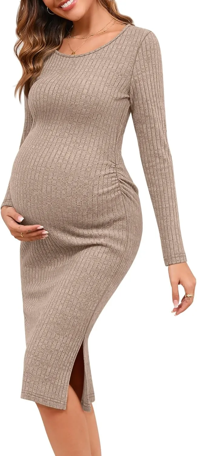 Ficerd Women's Ribbed Knit Maternity Dresses Long Sleeve Pregnancy Bodycon Dress 2025 Split Stretchy Clothes for Baby Shower