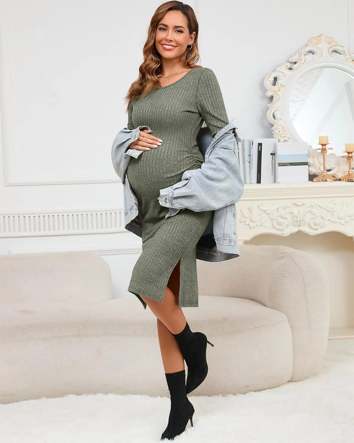 Ficerd Women's Ribbed Knit Maternity Dresses Long Sleeve Pregnancy Bodycon Dress 2025 Split Stretchy Clothes for Baby Shower