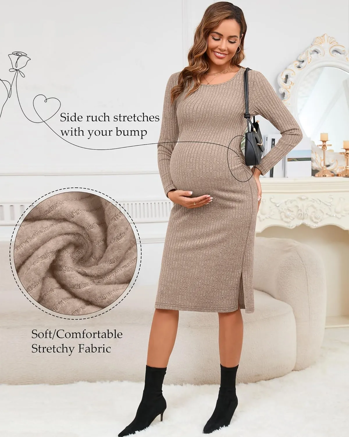 Ficerd Women's Ribbed Knit Maternity Dresses Long Sleeve Pregnancy Bodycon Dress 2025 Split Stretchy Clothes for Baby Shower