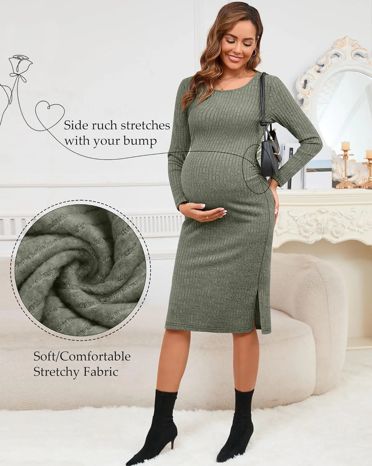 Ficerd Women's Ribbed Knit Maternity Dresses Long Sleeve Pregnancy Bodycon Dress 2025 Split Stretchy Clothes for Baby Shower
