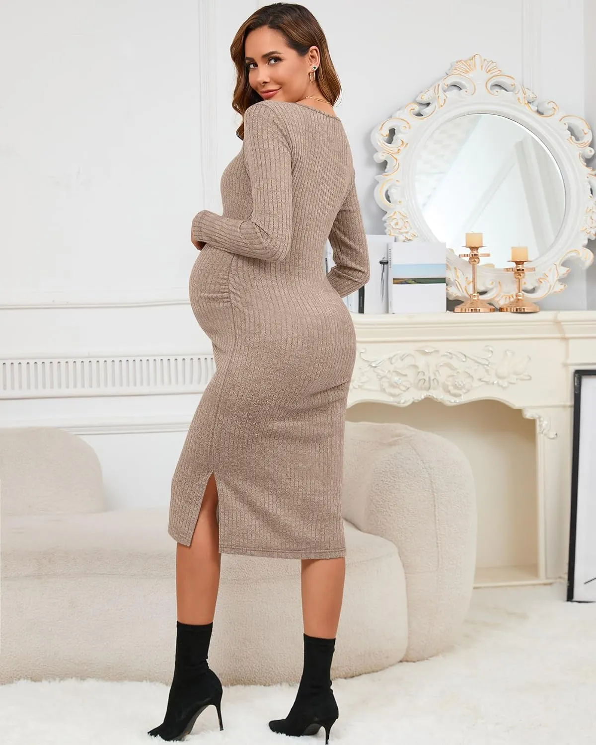 Ficerd Women's Ribbed Knit Maternity Dresses Long Sleeve Pregnancy Bodycon Dress 2025 Split Stretchy Clothes for Baby Shower