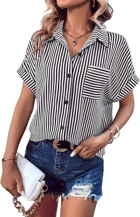 Floerns Women's Contrast Short Sleeve Button Down Collar Shirt Blouse Tops