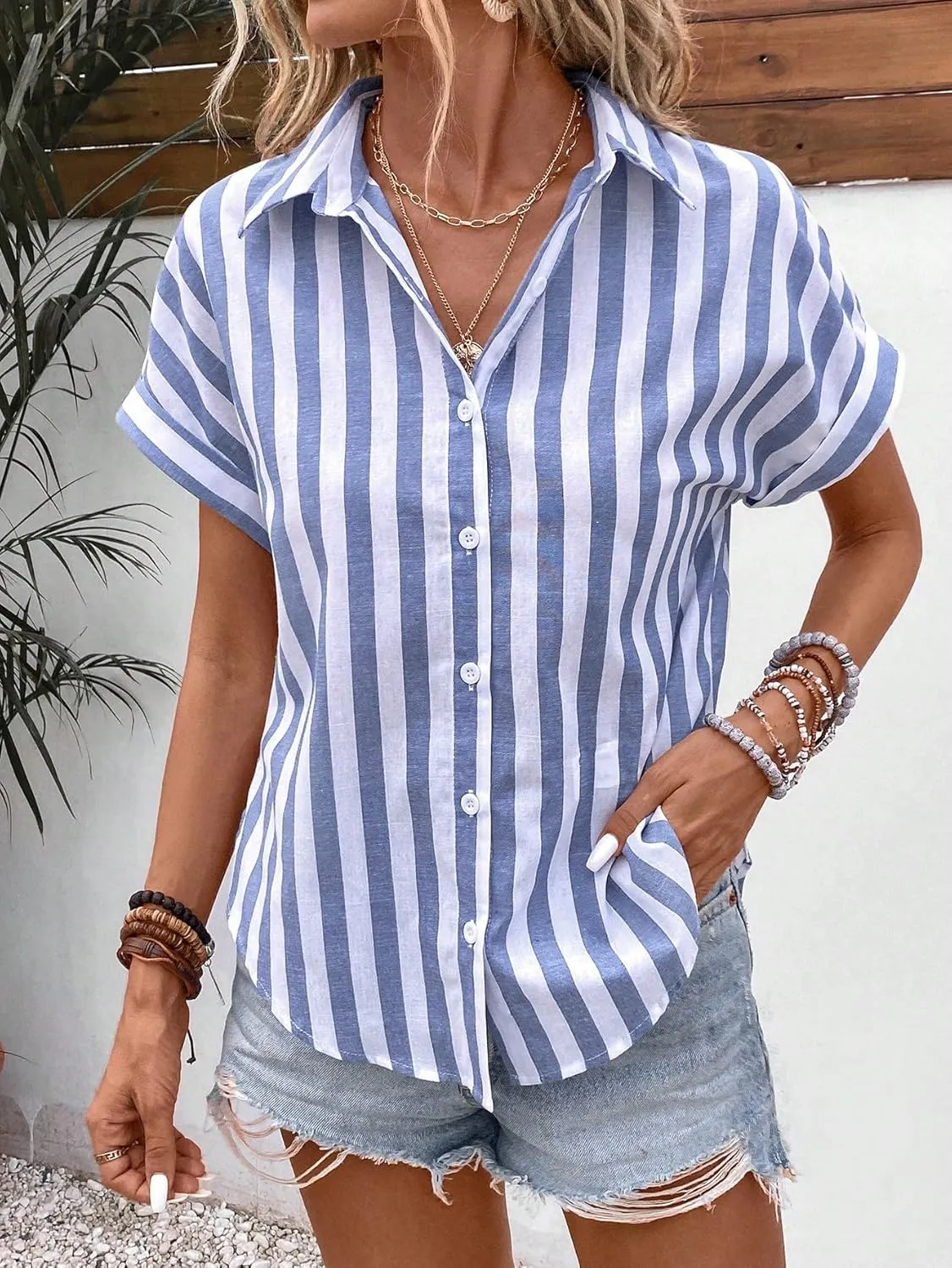 Floerns Women's Striped Print Button Down Short Sleeve Knot Back Shirt Blouse