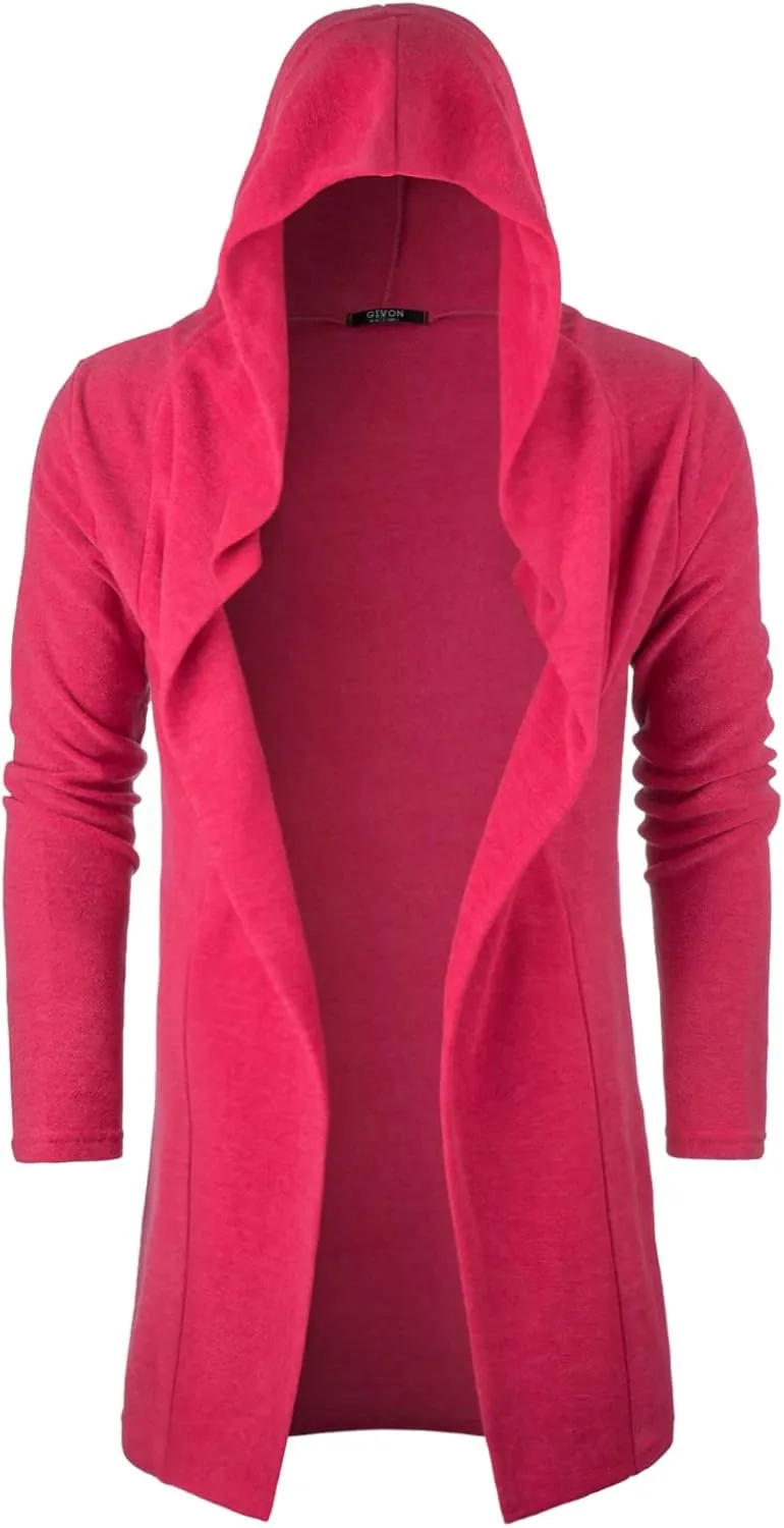 GIVON Longline Hooded Cardigan Ruffle Shawl Collar Open Front Drape Cape Overcoat with Fleece Fabric