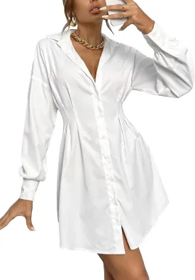 GORGLITTER Women's Button Up Long Sleeve Mini T Shirt Dress Lapel Collar Pleated Flared Short Dresses