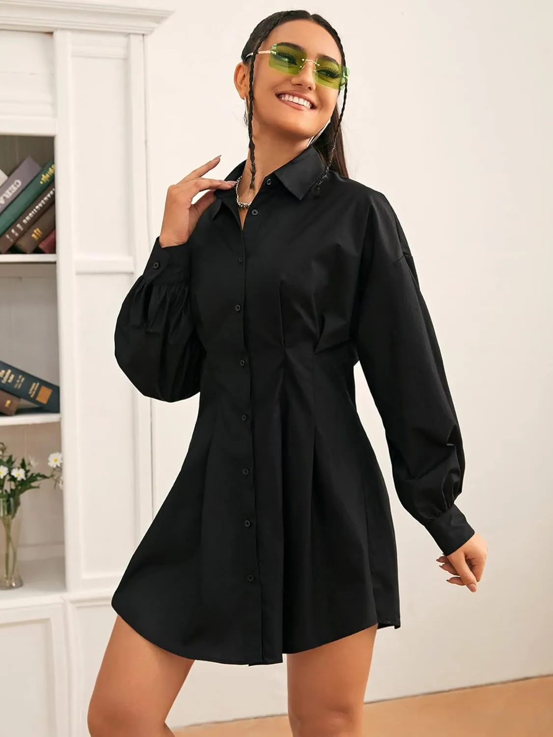 GORGLITTER Women's Button Up Long Sleeve Mini T Shirt Dress Lapel Collar Pleated Flared Short Dresses