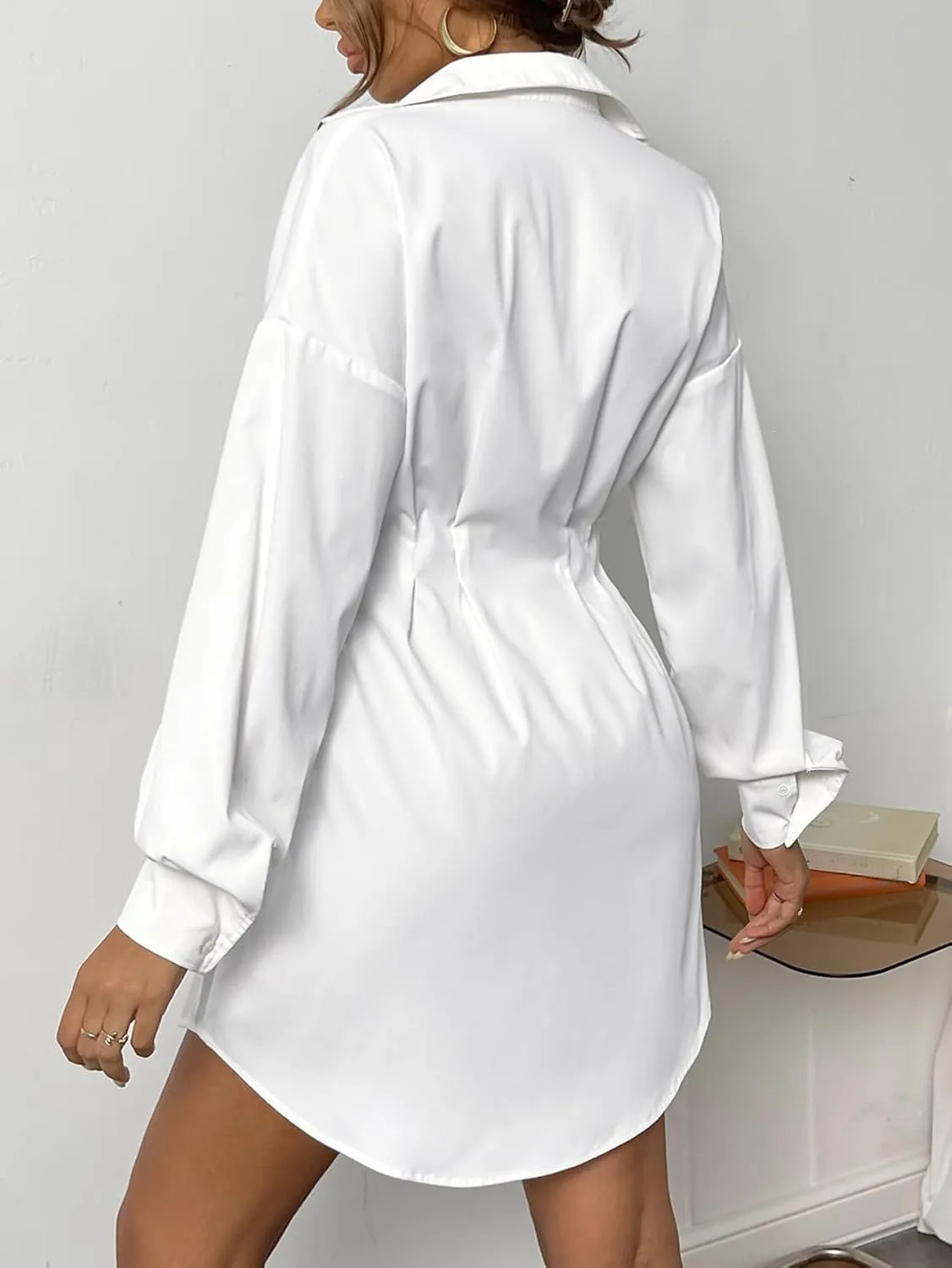 GORGLITTER Women's Button Up Long Sleeve Mini T Shirt Dress Lapel Collar Pleated Flared Short Dresses