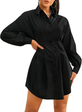 GORGLITTER Women's Button Up Long Sleeve Mini T Shirt Dress Lapel Collar Pleated Flared Short Dresses