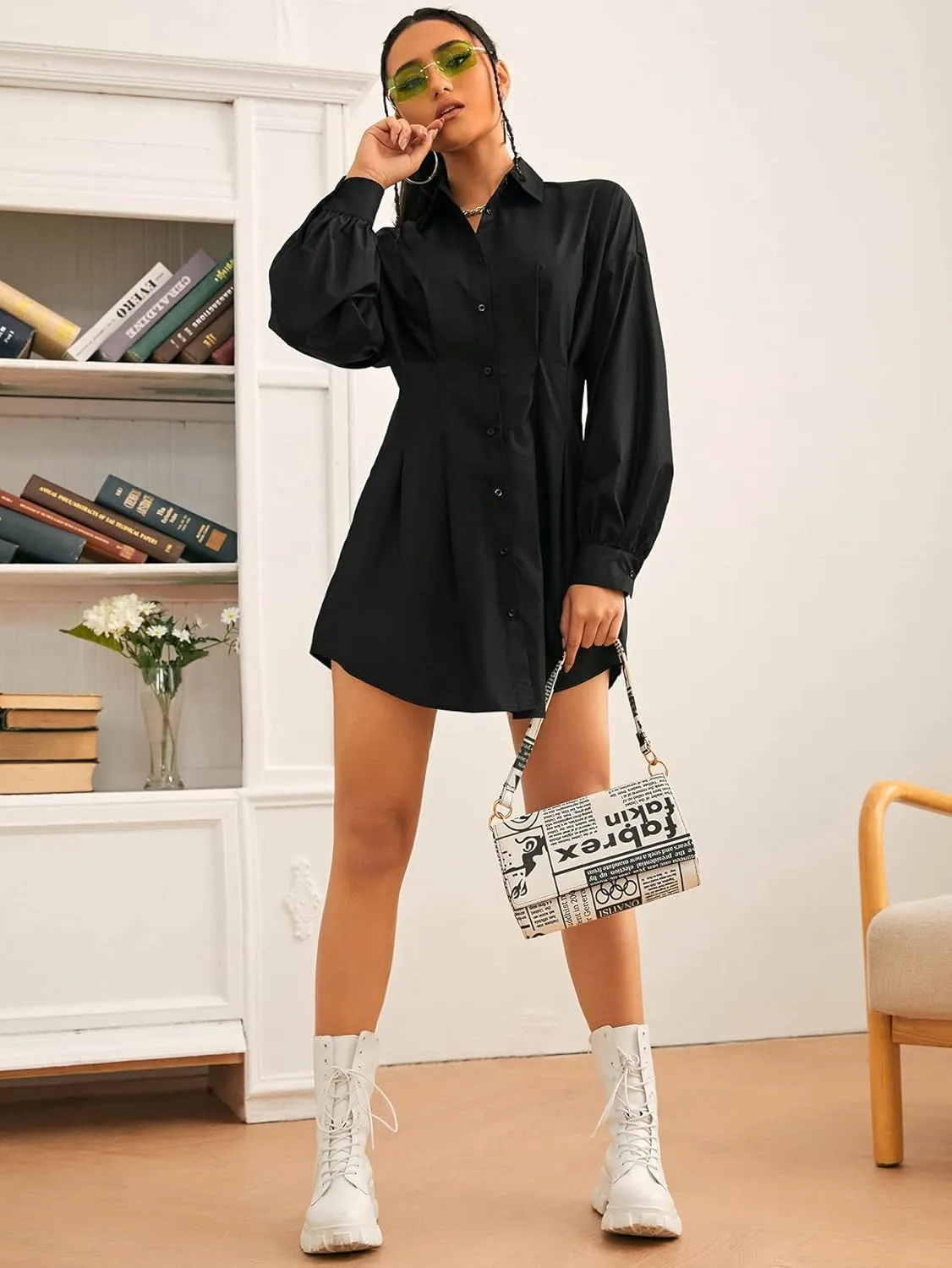 GORGLITTER Women's Button Up Long Sleeve Mini T Shirt Dress Lapel Collar Pleated Flared Short Dresses