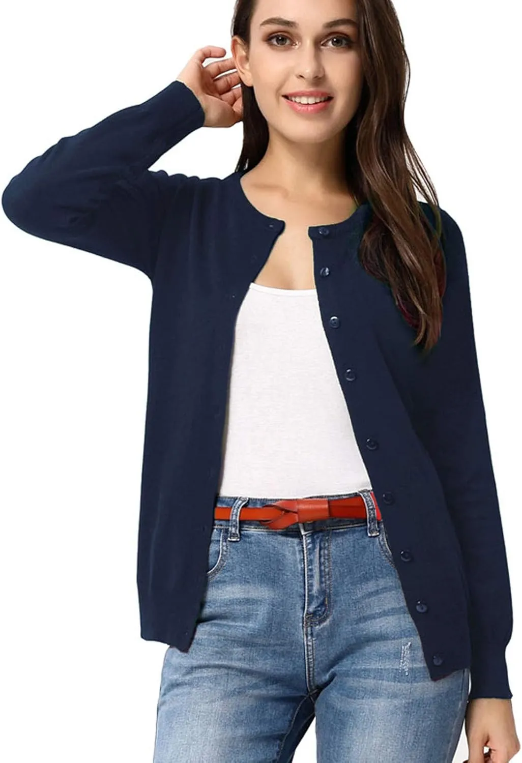 GRACE KARIN Women's Long Sleeve Button Down Crew Neck Classic Sweater Knit Cardigan