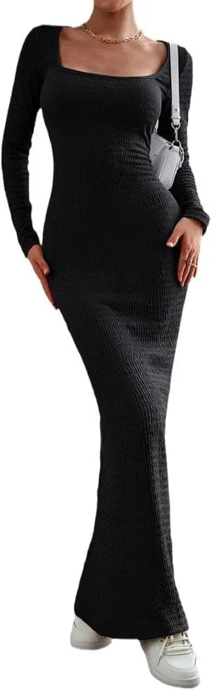 HANMAX Women's Sexy Ribbed Knit Lounge Tank Long Dress Elegant Long Sleeve Square Neck Bodycon Maxi Dresses