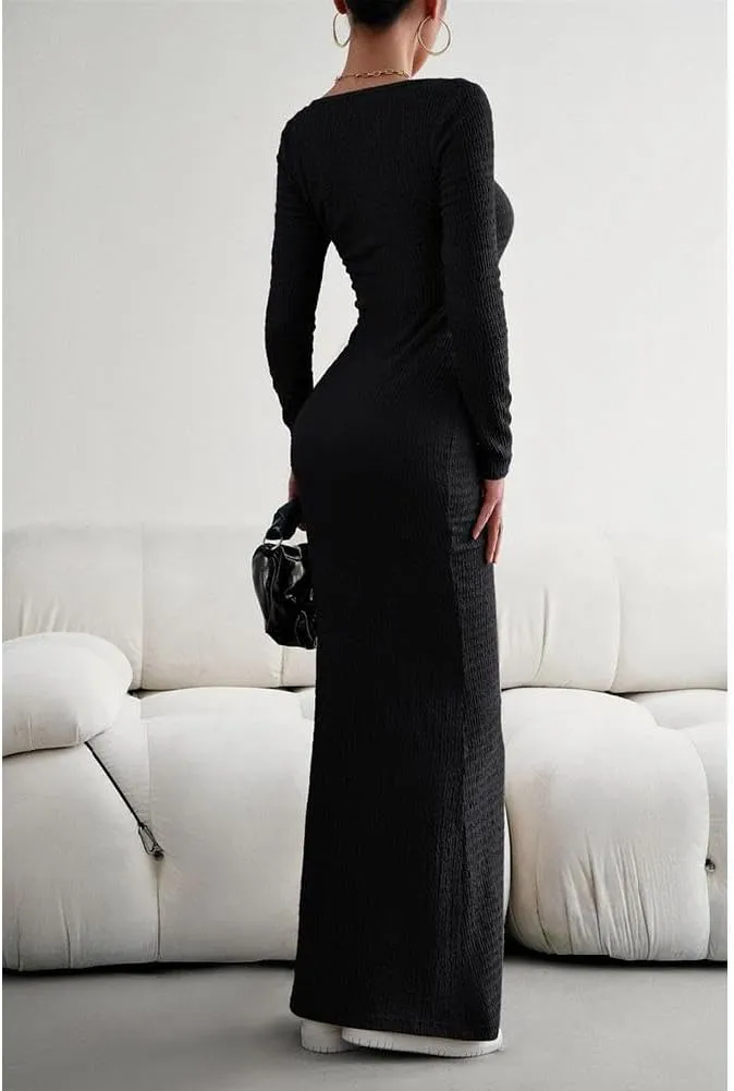 HANMAX Women's Sexy Ribbed Knit Lounge Tank Long Dress Elegant Long Sleeve Square Neck Bodycon Maxi Dresses