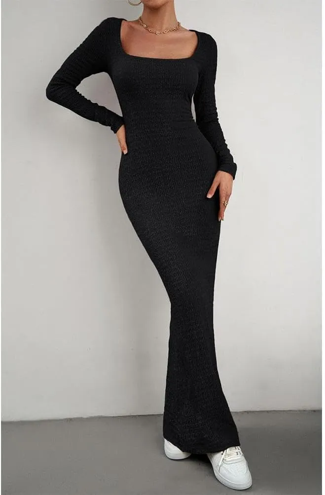 HANMAX Women's Sexy Ribbed Knit Lounge Tank Long Dress Elegant Long Sleeve Square Neck Bodycon Maxi Dresses