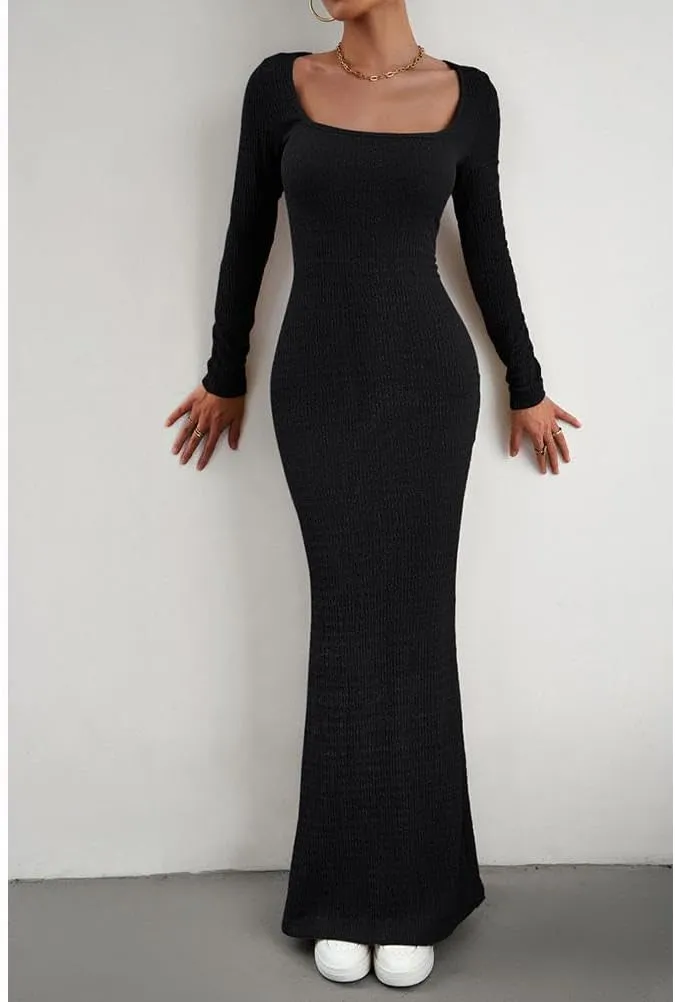 HANMAX Women's Sexy Ribbed Knit Lounge Tank Long Dress Elegant Long Sleeve Square Neck Bodycon Maxi Dresses