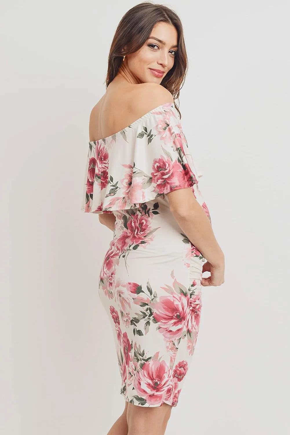 Hello MIZ Women's Floral Ruffle Off Shoulder Maternity Dress - Made in USA