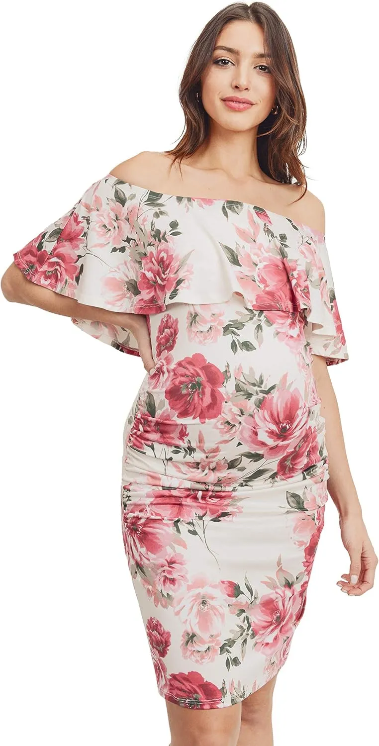 Hello MIZ Women's Floral Ruffle Off Shoulder Maternity Dress - Made in USA