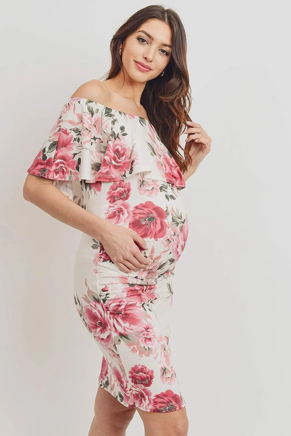 Hello MIZ Women's Floral Ruffle Off Shoulder Maternity Dress - Made in USA