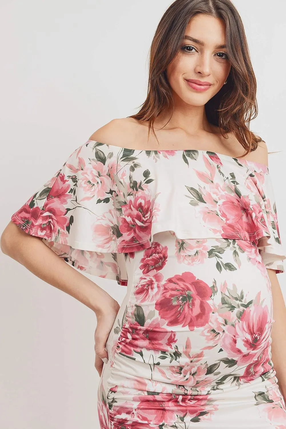 Hello MIZ Women's Floral Ruffle Off Shoulder Maternity Dress - Made in USA