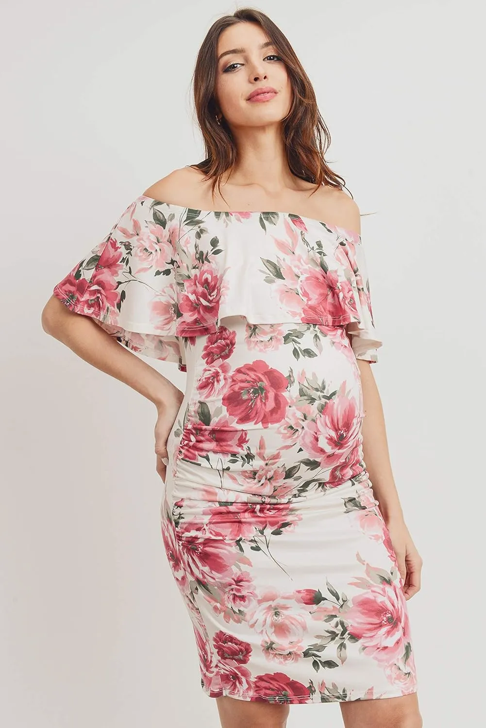 Hello MIZ Women's Floral Ruffle Off Shoulder Maternity Dress - Made in USA
