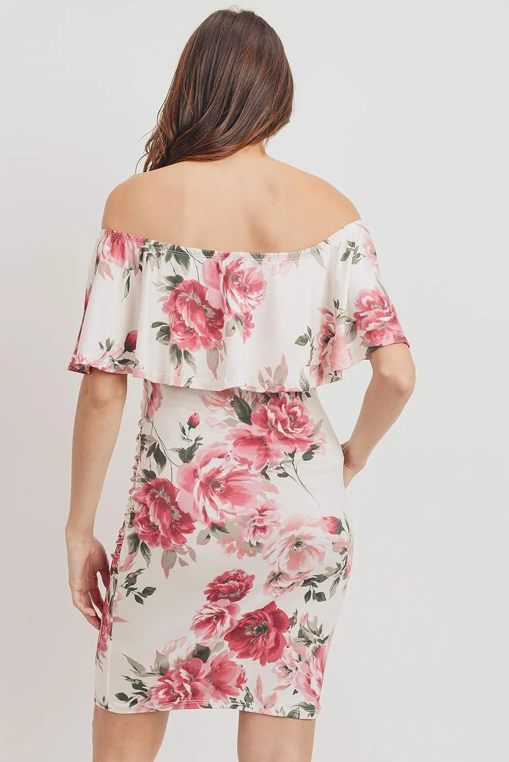 Hello MIZ Women's Floral Ruffle Off Shoulder Maternity Dress - Made in USA