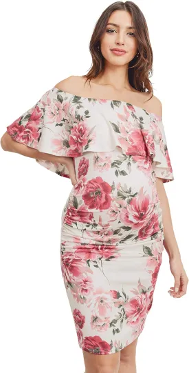 Hello MIZ Women's Floral Ruffle Off Shoulder Maternity Dress - Made in USA