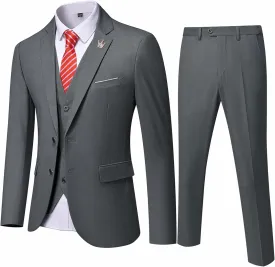 Hihawk Men's 3 Piece Suit with Stretch Fabric, Solid Slim Fit Two Button Suit Blazer Set, Jacket Vest Pants with Tie.