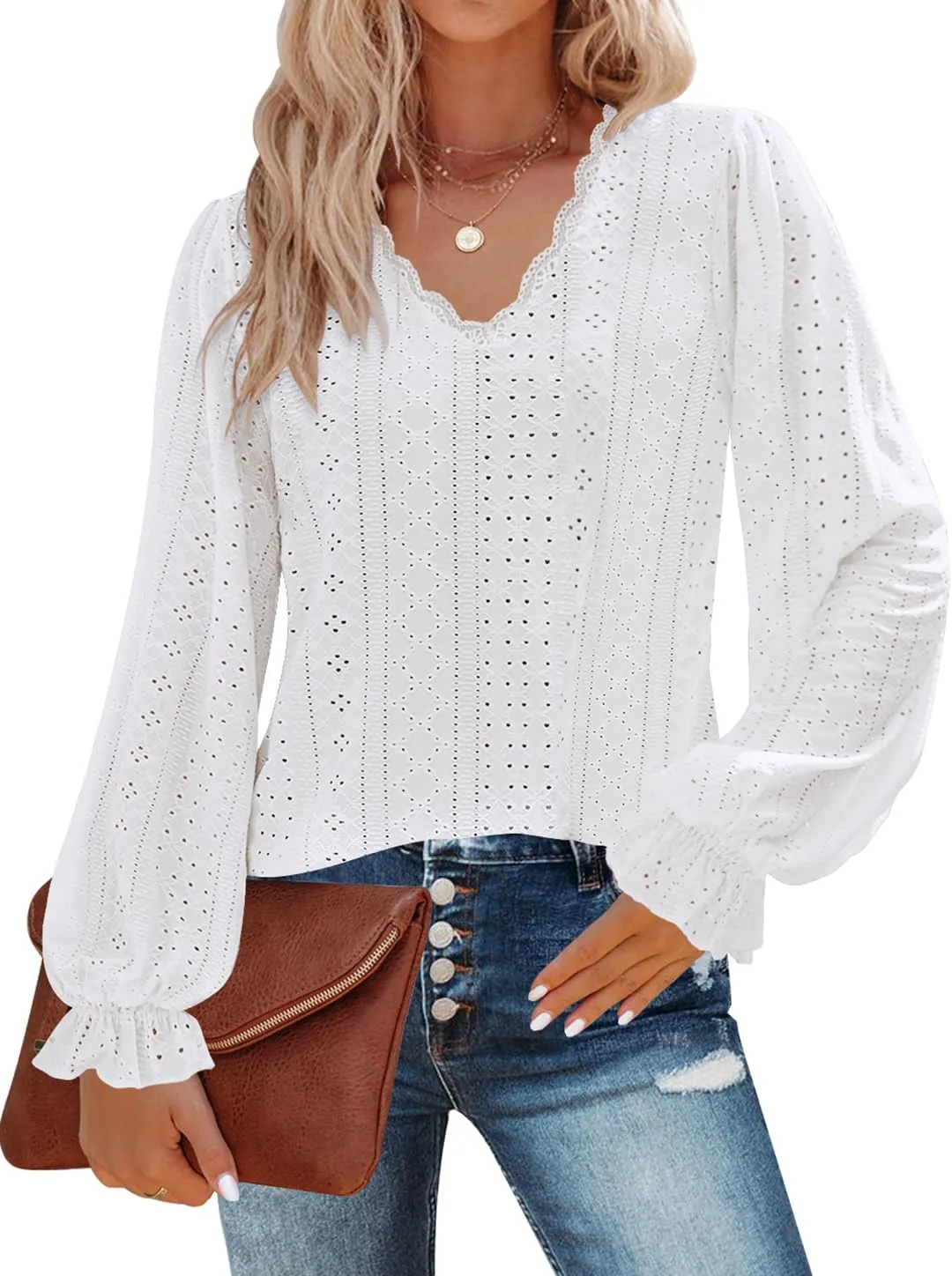 Kikula Womens Long Sleeve Blouse Eyelet Tops Dressy V Neck Puff Sleeve Shirts Tunic Tops for Leggings