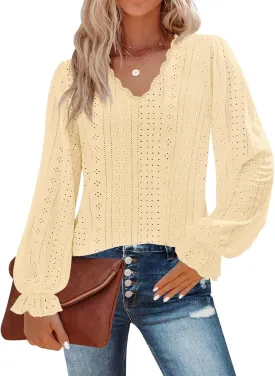 Kikula Womens Long Sleeve Blouse Eyelet Tops Dressy V Neck Puff Sleeve Shirts Tunic Tops for Leggings