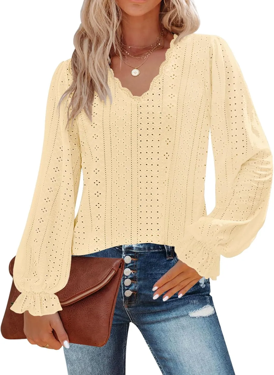 Kikula Womens Long Sleeve Blouse Eyelet Tops Dressy V Neck Puff Sleeve Shirts Tunic Tops for Leggings