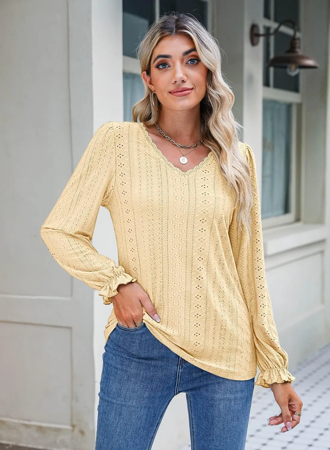 Kikula Womens Long Sleeve Blouse Eyelet Tops Dressy V Neck Puff Sleeve Shirts Tunic Tops for Leggings