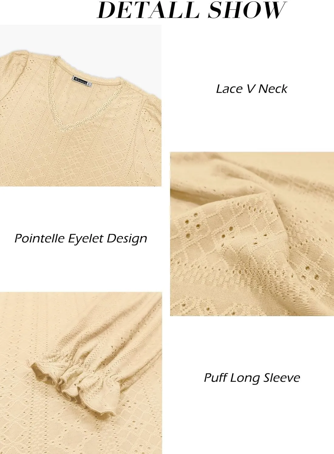 Kikula Womens Long Sleeve Blouse Eyelet Tops Dressy V Neck Puff Sleeve Shirts Tunic Tops for Leggings