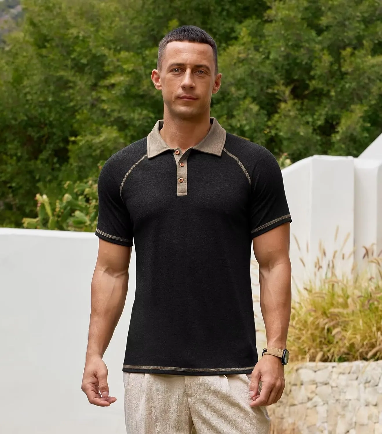 Lexiart Men's Casual Polo Shirt Short Sleeve Raglan Classic Button Golf Collared Tops Contrast Color