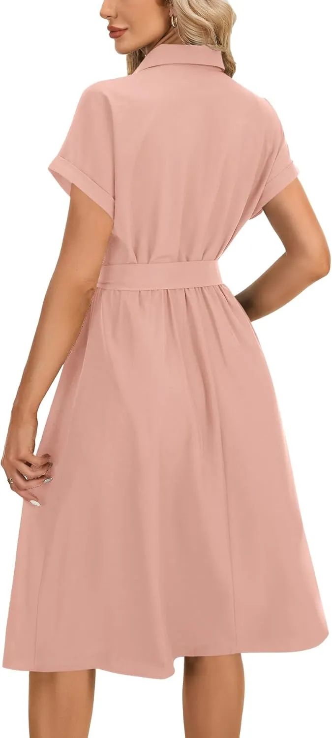 LYANER Women's Collar V Neck Button Front Tie Waist Short Sleeve Ruffle Hem Midi Dress