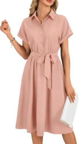 LYANER Women's Collar V Neck Button Front Tie Waist Short Sleeve Ruffle Hem Midi Dress