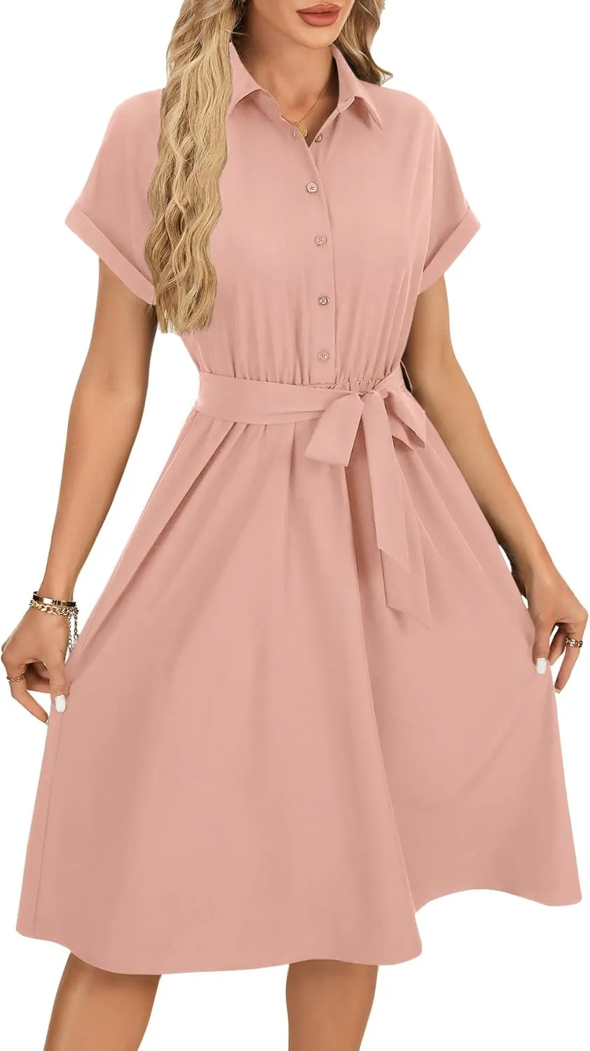LYANER Women's Collar V Neck Button Front Tie Waist Short Sleeve Ruffle Hem Midi Dress