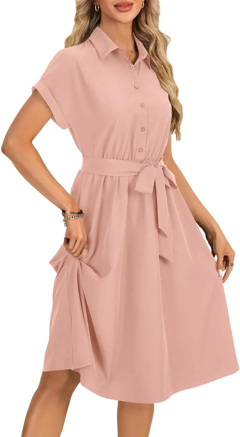 LYANER Women's Collar V Neck Button Front Tie Waist Short Sleeve Ruffle Hem Midi Dress