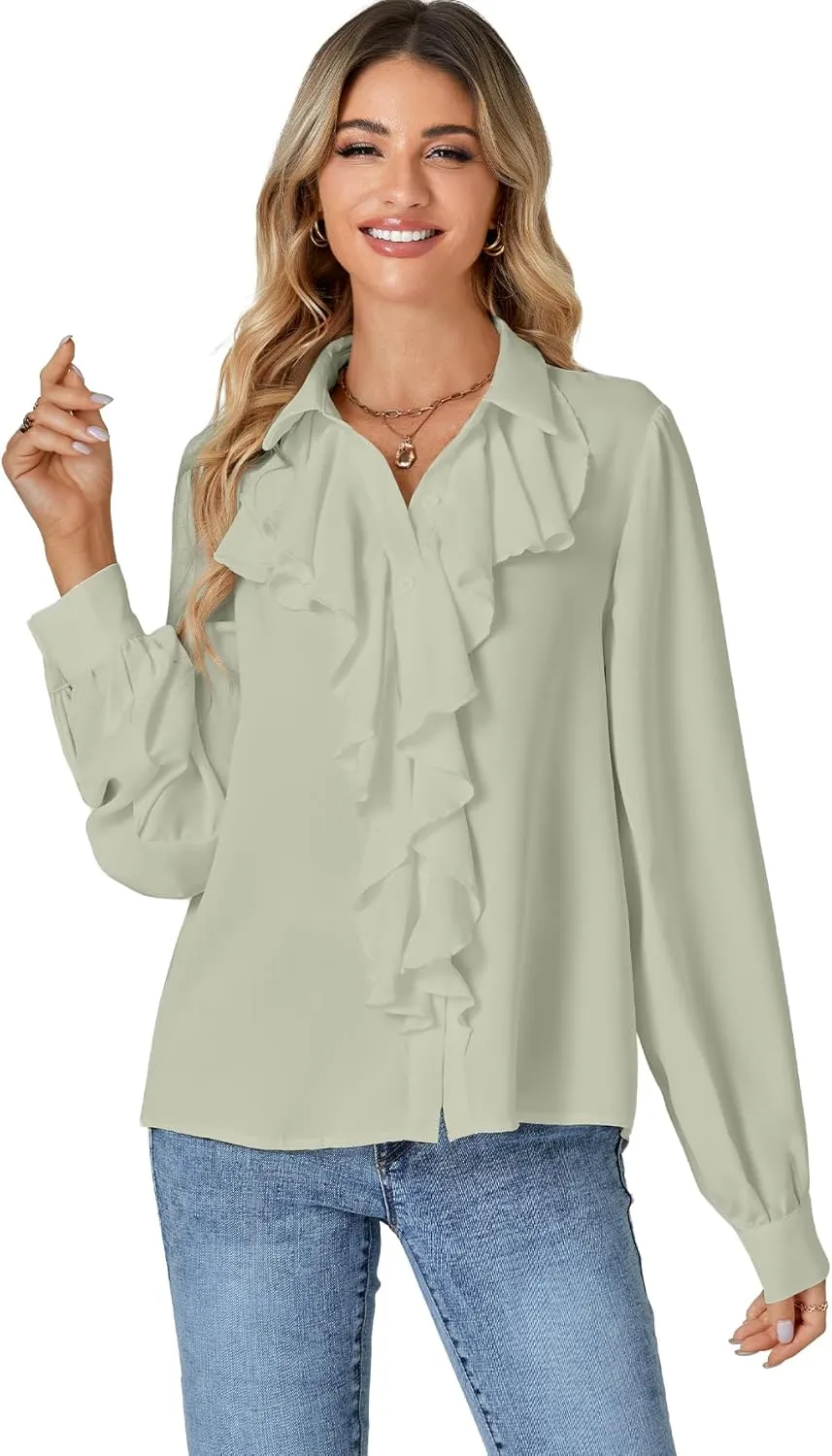 LYANER Women's Dressy Ruffle Blouse Long Sleeve Collar Neck Button Down Victorian Shirt Tops