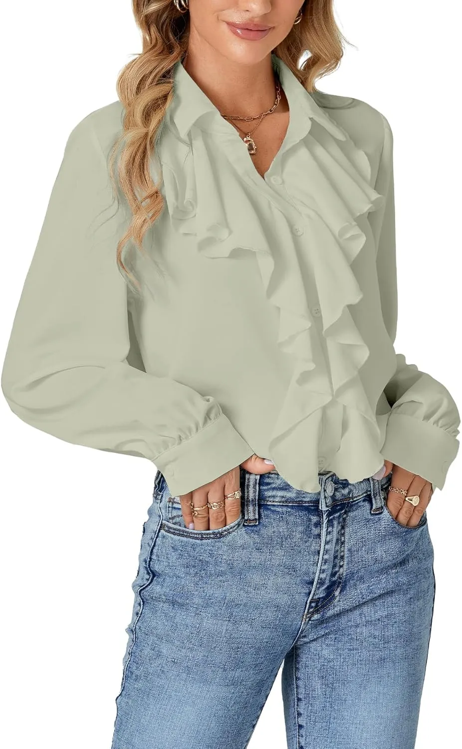 LYANER Women's Dressy Ruffle Blouse Long Sleeve Collar Neck Button Down Victorian Shirt Tops