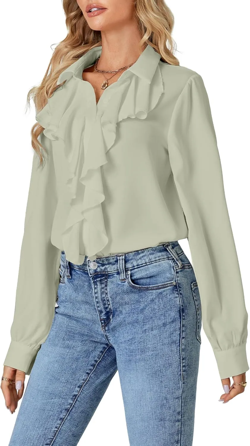 LYANER Women's Dressy Ruffle Blouse Long Sleeve Collar Neck Button Down Victorian Shirt Tops