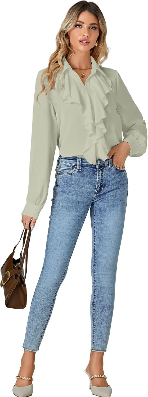LYANER Women's Dressy Ruffle Blouse Long Sleeve Collar Neck Button Down Victorian Shirt Tops
