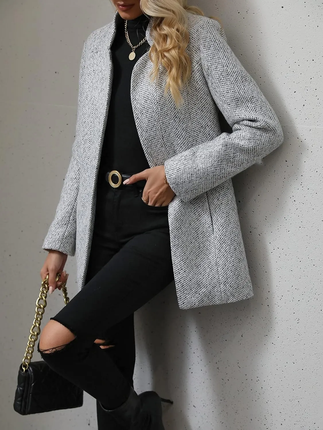 MakeMeChic Women's Open Front Business Coat Long Sleeve Stand Collar Casual Blazer Jacket