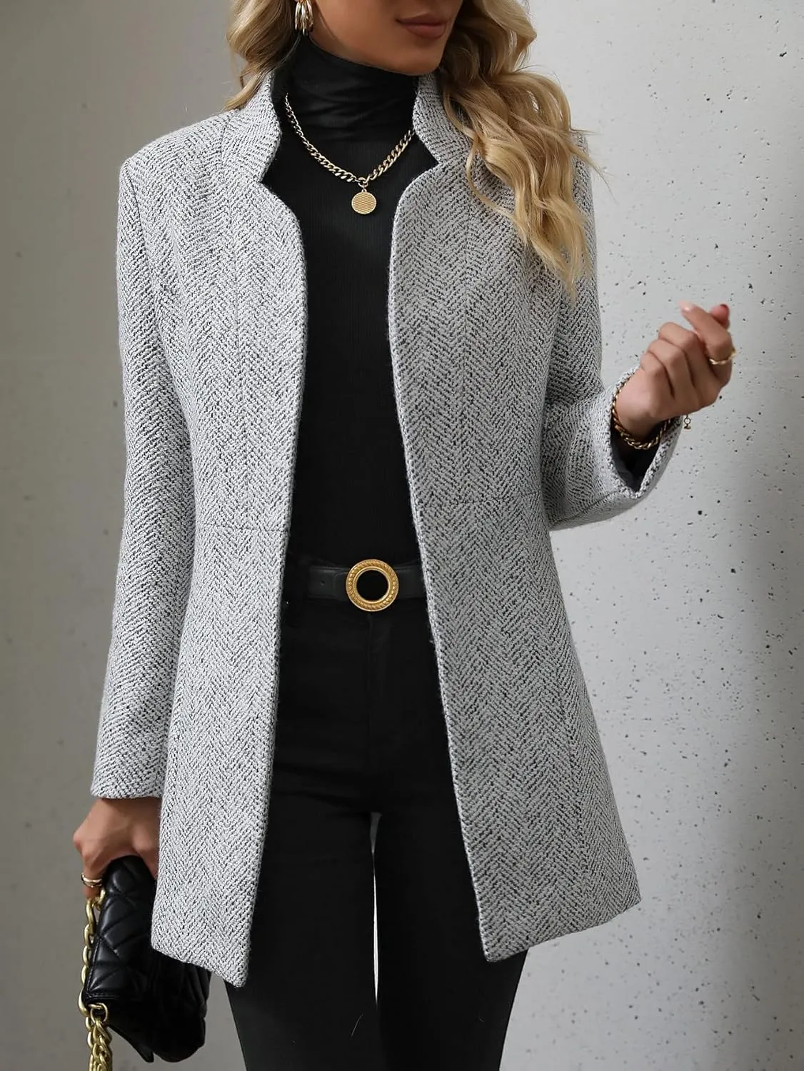 MakeMeChic Women's Open Front Business Coat Long Sleeve Stand Collar Casual Blazer Jacket