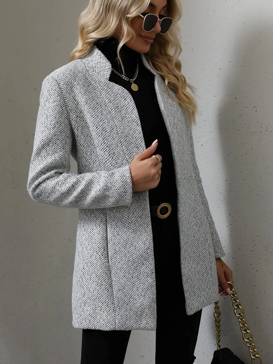 MakeMeChic Women's Open Front Business Coat Long Sleeve Stand Collar Casual Blazer Jacket