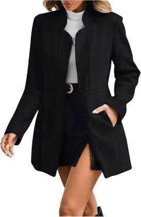 MakeMeChic Women's Open Front Business Coat Long Sleeve Stand Collar Casual Blazer Jacket